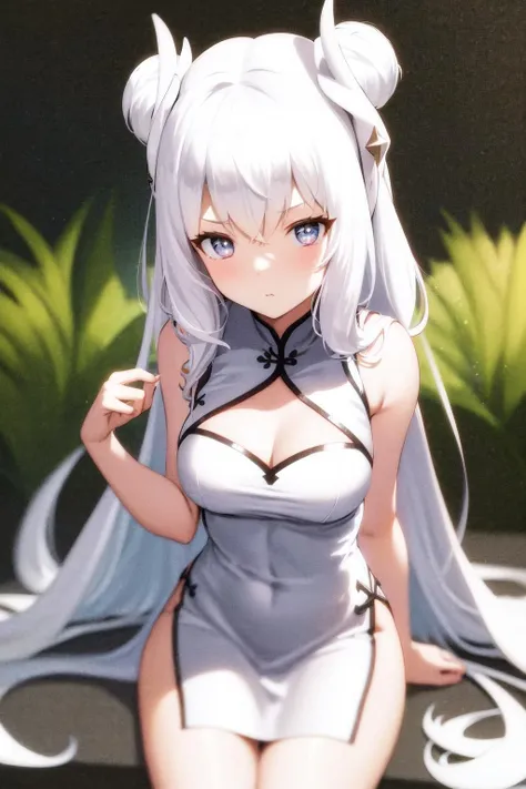 masterpiece, best quality, highres, 1girl le malin muse white hair <lora:le_malin_muse_no_outfit:1> china dress, sitting