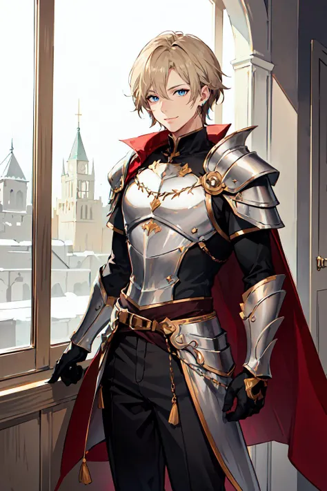 <lora:Touwa-Nikuman-Style-v1_117360:0.8>, ultra detailed, masterpiece, best quality, aesthetic, detailed,, solo, smile, 1boy, blue eyes, medium blonde hair, parted bangs, hair intakes, male focus, muscular male,, armor, pauldrons, cuirass, gauntlets, waist cape, greaves, black bodysuit, surcoat, shoulder sash, wing shoulder armor, cape, pants,