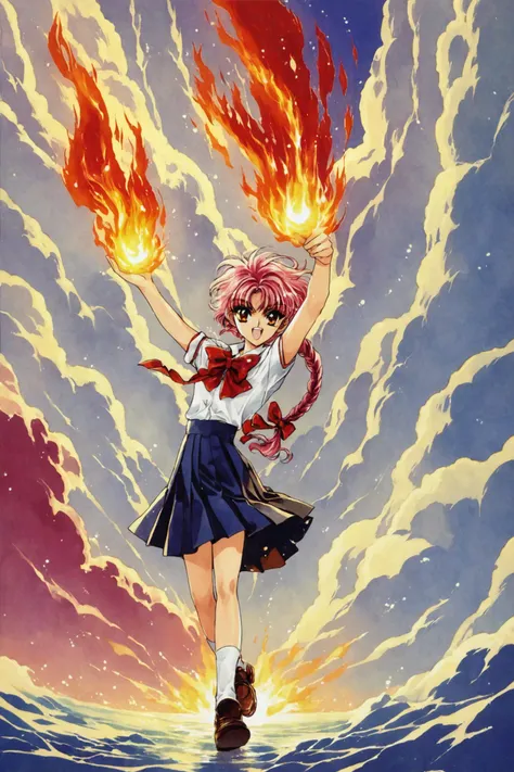 score_9,score_8_up,score_7_up,masterpiece,best quality,very aesthetic,absurdres,official art,official style,
Shidou Hikaru,1girl,solo,braid,skirt,school uniform,fire,pink hair,long hair,bow,single braid,retro artstyle,1990s \(style\),
<lora:Magic knight Rayearth_XL_PONY:0.8>,