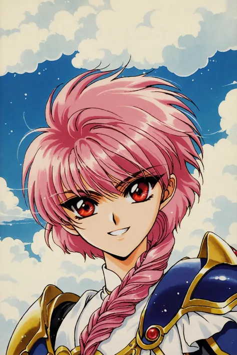 score_9,score_8_up,score_7_up,masterpiece,best quality,very aesthetic,absurdres,official art,official style,
Shidou Hikaru,1girl,solo,red eyes,pink hair,1990s \(style\),armor,retro artstyle,single braid,smile,upper body,looking at viewer,cloud,
<lora:Magic knight Rayearth_XL_PONY:0.8>,