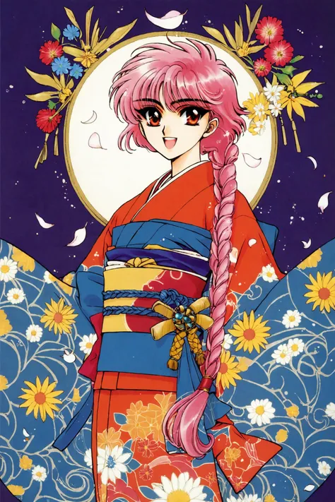 score_9,score_8_up,score_7_up,masterpiece,best quality,very aesthetic,absurdres,official art,official style,
Shidou Hikaru,1girl,japanese clothes,solo,1990s \(style\),retro artstyle,kimono,braid,pink hair,red eyes,long hair,smile,obi,single braid,sash,flower,smile,open mouth,looking at viewer,
<lora:Magic knight Rayearth_XL_PONY:0.8>,