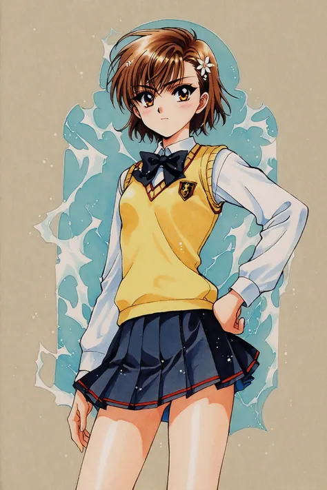 score_9,score_8_up,score_7_up,masterpiece,best quality,very aesthetic,absurdres,official art,official style,
1girl,misaka mikoto,skirt,solo,brown hair,brown eyes,hair ornament,bow,pleated skirt,looking at viewer,short hair,hand on hip,bowtie,school uniform,tokiwadai school uniform,electricity,long sleeves,bangs,black skirt,blush,shirt,small breasts,cowboy shot,closed mouth,hair flower,white shirt,sweater vest,electrokinesis,black bow,black bowtie,thighs,retro artstyle,1990s \(style\),traditional media,
<lora:Magic knight Rayearth_XL_PONY:0.8>,