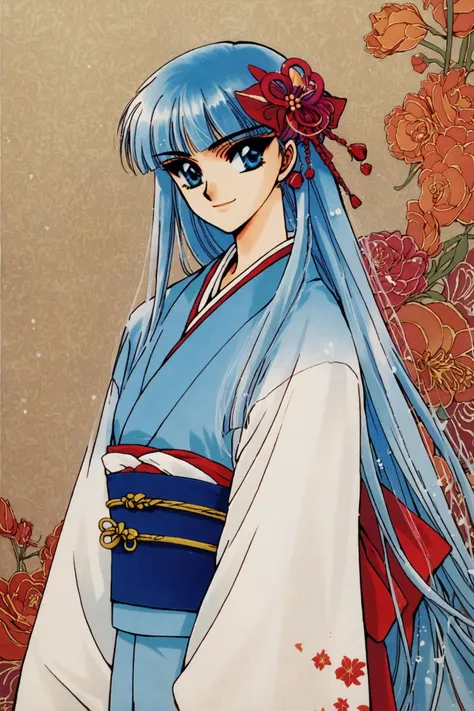 score_9,score_8_up,score_7_up,masterpiece,best quality,very aesthetic,absurdres,official art,official style,
Ryuuzaki Umi,1girl,japanese clothes,solo,kimono,blue hair,blue eyes,long hair,hime cut,retro artstyle,1990s \(style\),hair bow,bow,smile,closed mouth,sash,obi,blue kimono,flower,
<lora:Magic knight Rayearth_XL_PONY:0.8>,