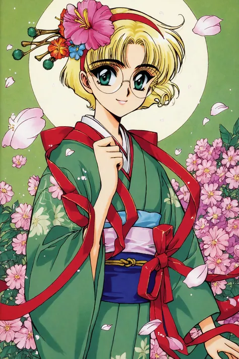 score_9,score_8_up,score_7_up,masterpiece,best quality,very aesthetic,absurdres,official art,official style,
Hououji Fuu,1girl,japanese clothes,glasses,blonde hair,solo,kimono,green eyes,short hair,retro artstyle,smile,round eyewear,green kimono,ribbon,hairband,egasumi,hair ribbon,upper body,1990s \(style\),flower,
<lora:Magic knight Rayearth_XL_PONY:0.8>,