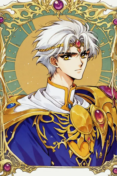 score_9,score_8_up,score_7_up,masterpiece,best quality,very aesthetic,absurdres,official art,official style,
solo,male focus,1boy,yellow eyes,white hair,circlet,upper body,1990s \(style\),retro artstyle,
<lora:Magic knight Rayearth_XL_PONY:0.8>,