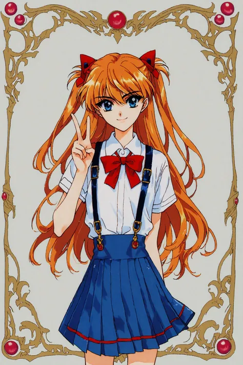 score_9,score_8_up,score_7_up,masterpiece,best quality,very aesthetic,absurdres,official art,official style,
1girl,souryuu asuka langley,solo,long hair,school uniform,blue eyes,smile,white background,ribbon,shirt,simple background,v,orange hair,short sleeves,skirt,red ribbon,neck ribbon,white shirt,bangs,hair between eyes,looking at viewer,tokyo-3 middle school uniform,signature,closed mouth,two side up,hair ornament,suspender skirt,interface headset,suspenders,cowboy shot,blue skirt,1990s \(style\),retro artstyle,
<lora:Magic knight Rayearth_XL_PONY:0.8>,