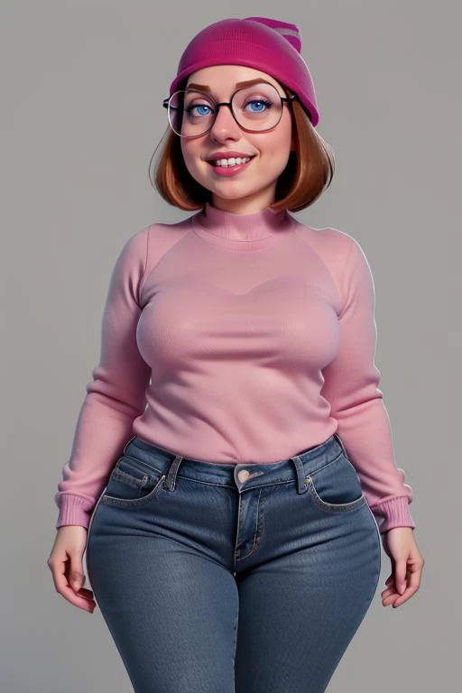 <lora:Meg:0.8> (Meg Griffin), 1girl, blue eyes, brown hair, short hair, glasses, black-framed eyewear, shortstack, full body, pink shirt, blue jeans, pink beanie hat, curvy, smile,