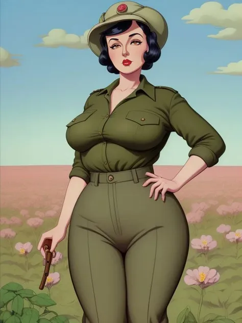 4K, UHD, Extremely detailed cartoon pinup art, 
pear-shaped  figured woman with small breasts,   pith helmet, khaki shirt, and high-waisted trousers , field of flowers  , 
 toon style art by Karel Thole