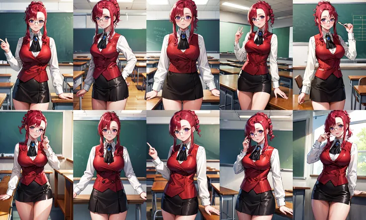 masterpiece, best quality, highres, km1, 1girl, red hair, sidelocks, brooch, jewelry, ascot, red vest, miniskirt, black_skirt, long sleeves, glasses, <lora:kazami_mizuho_v1:0.6>, classroom, standing, cowboy shot,