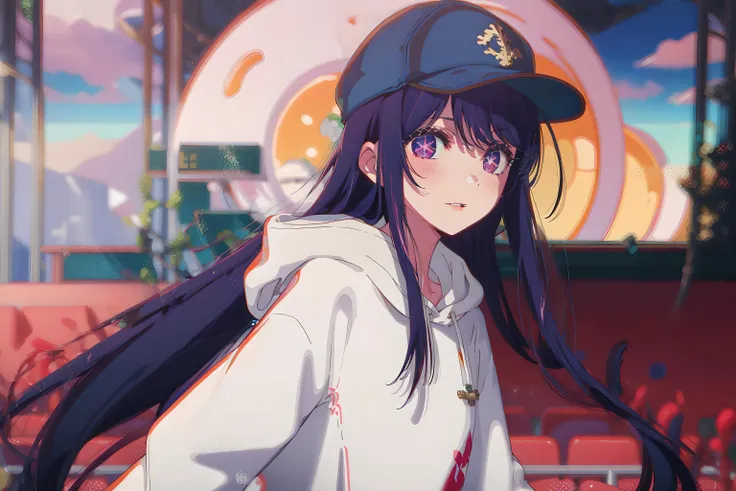 ((1girl)),(((blue baseball cap))), ((solo)), purple hair, long hair, multicolored hair,purple eyes, grey,  (((white hoodie))), +_+, upper body, long sleeves, bangs, smile,(((parted lips))), hood down,  (badge on hat), symbol-shaped pupils, looking at viewer,details eyes,(((indoors,stage))),(((Directly facing the audience))),absurdres, ((wide shot)),((((the girl shushing in front of the mouth)))),full body