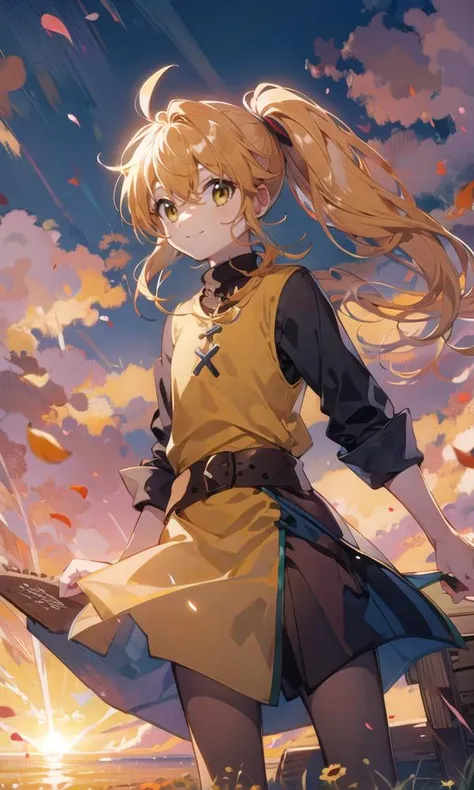 [(white background:0.5), ::5],((masterpiece,best quality)),(extremely detailed CG, unity, 8k wallpaper:1.1),1girl,cute,solo,flat chest,yellow hair,smile,small breast,pony tail,looking at viewer,yellow clothes,wooden house,potted plant,dutch_angle,dawn,beautiful detailed cloud,action pose, sun, dusk, sunset,happy,smile,closed mouth, <lora:yellow-000014:1:MIDD>  <lora:gachaSplashLORA_gachaSplash31:1:NF>