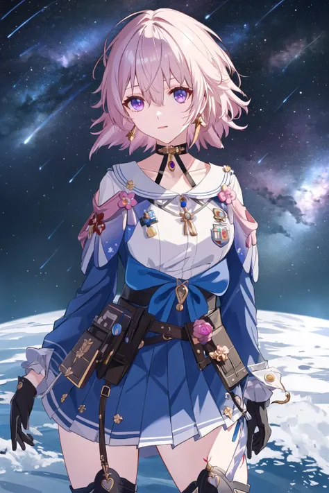 Marhd, Mards, 1 girl, solo, skirt, gloves, earrings, jewelry, bangs, blue eyes, pink eyes, black gloves, long sleeves, blue skirt, choker, fingerless gloves, white shirt, hair between eyes, short hair, single glove, pleated skirt, partially fingerless gloves, purple eyes, jacket, multicolored eyes,beautiful detailed eyes, <lora:March-7th-v1:0.95:OUTD>,PH_MAR,MARDS,HAIR BETWEEN EYES,SHORT HAIR, <lora:incomingHugKiss_v12:1:INALL>, milky way, starry sky, spacecraft, bow,