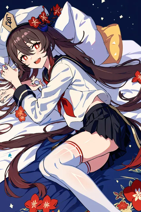 1girl, hu tao (genshin impact), skirt, solo, thighhighs, twintails, brown hair, pleated skirt, long hair, long sleeves, flower, looking at viewer, sailor collar, hat, school uniform, pillow, on side, smile, hair flower, neckerchief, open mouth, shirt, serafuku,symbol-shaped pupils, white shirt, hair ornament, red neckerchief, thighs, flower-shaped pupils, black thighhighs, black headwear, red eyes, bed sheet, :d, alternate costume, bangs, black sailor collar, miniskirt, blush, black skirt, hair between eyes, sidelocks, legs, very long hair,
<lora:hutaoV1_hutaoV1:1>