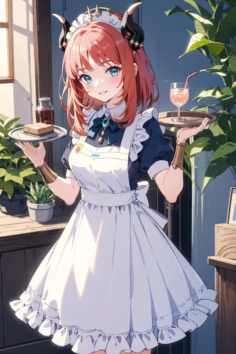 1girl, nilou (genshin impact), horns, solo, tray, red hair, holding, apron, looking at viewer, jewelry, maid, frills, plant, blue eyes, breasts, cowboy shot, short sleeves, dress, holding tray, bangs, black dress, alternate costume, smile, white apron, blush, long hair, potted plant, puffy sleeves, fake horns, parted lips, standing, enmaided, hands up, cup, medium breasts, frilled apron, parted bangs, neck ring, day, blue gemstone, frilled dress, puffy short sleeves, indoors, maid headdress, drink, bracer, maid apron, outdoors, building, <lora:nilouGenshinImpact_v10:1>