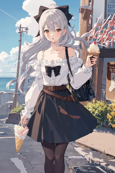 1girl, solo, white skirt, skirt, pantyhose, long hair, breasts, holding, off shoulder, shirt, food, outdoors, bag, long sleeves, bow, blurry background, ice cream cone, hair between eyes, black pantyhose, bangs, parted lips, day, ice cream, shoulder bag, blurry, bare shoulders, hair bow, off-shoulder shirt, collarbone, cleavage, blush, holding food, very long hair, medium breasts, brown eyes, looking at viewer, blue shirt, feet out of frame, depth of field, belt buckle, belt, yellow bow, cloud, grey hair, small breasts, sky, puffy sleeves, buckle, :o, standing, black bow, blue sky