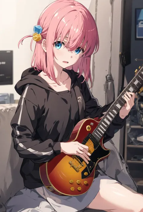 gotou hitori, cube hair ornament, blue eyes, instrument, guitar, pink hair, hair ornament, 1 girls, jacket, bangs, holding instrument, multiple girls, holding, hair between eyes, hood, one side up, electric guitar, shirt, open mouth, long sleeves, hood down, black shirt, blurry, :o, white jacket, collarbone, hoodie, solo focus, playing instrument, looking at viewer, short hair, gibson les paul, gotou, <lora:hitoriGotohBocchiThe_v1:1>