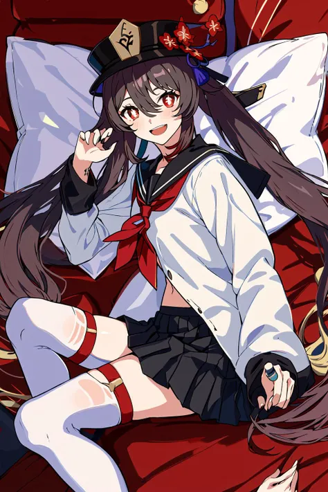 1girl, hu tao (genshin impact), skirt, solo, thighhighs, twintails, brown hair, pleated skirt, long hair, long sleeves, flower, looking at viewer, sailor collar, hat, school uniform, pillow, on side, smile, hair flower, neckerchief, open mouth, shirt, serafuku,symbol-shaped pupils, white shirt, hair ornament, red neckerchief, thighs, flower-shaped pupils, black thighhighs, black headwear, red eyes, bed sheet, :d, alternate costume, bangs, black sailor collar, miniskirt, blush, black skirt, hair between eyes, sidelocks, legs, very long hair,
<lora:hutaoV1_hutaoV1:1>