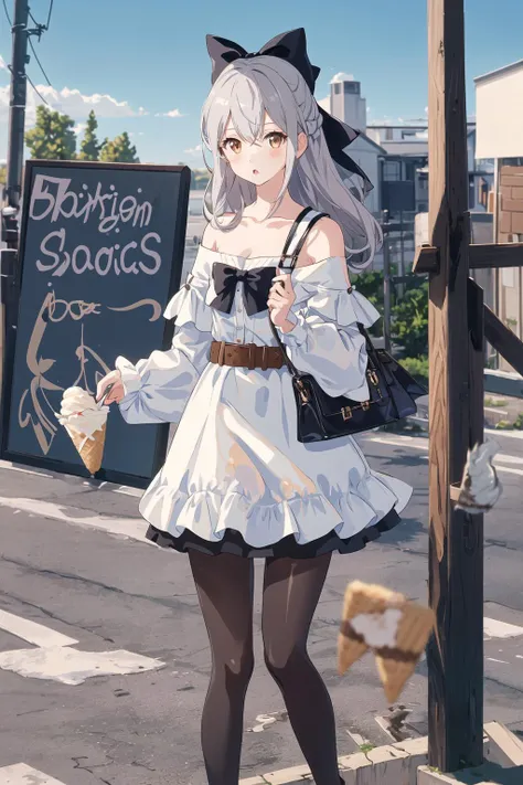 1girl, solo, white skirt, skirt, pantyhose, long hair, breasts, holding, off shoulder, shirt, food, outdoors, bag, long sleeves, bow, blurry background, ice cream cone, hair between eyes, black pantyhose, bangs, parted lips, day, ice cream, shoulder bag, blurry, bare shoulders, hair bow, off-shoulder shirt, collarbone, cleavage, blush, holding food, very long hair, medium breasts, brown eyes, looking at viewer, blue shirt, feet out of frame, depth of field, belt buckle, belt, yellow bow, cloud, grey hair, small breasts, sky, puffy sleeves, buckle, :o, standing, black bow, blue sky