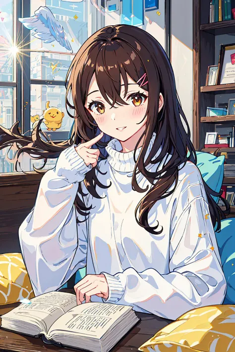 1girl, solo, long hair, hair ornament, looking at viewer, blush, hairclip, bangs, brown eyes, long sleeves, brown hair, upper body, parted lips, book, holding, white shirt, holding book, shirt, hair between eyes, black hair, hand up, sleeves past wrists, light particles, smile, sweater, indoors, pillow, puffy long sleeves, lens flare, sidelocks, wings, white sweater, shiny, shiny hair, <lora:standingFullBodyWithBackgroundStyle_v10Offset:1>