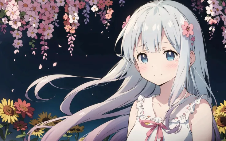 1girl,solo focus, full body, looking at viewer, facing viewer, <lora:Eromanga_izumi sagiri:0.72>, sleeveless dress, casual, white dress,floral background, outdoors, upper body, white hair, blue eyes, flower field, light blush, tsundere, light smile, happy tears, lace trim,