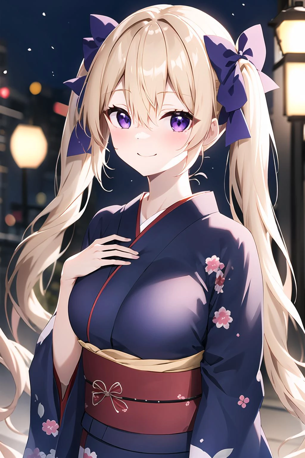 1girl, solo, blonde hair, twintails, low twintails, plaid bow, bangs, purple eyes, blush, long hair, solo focus, hair between eyes, blue bow, light blush, light smile, very long hair, breasts, yukata, japanese clothes, outdoors, upper body , hand on own chest,depth of field, facing viewer, <lora:ClamChan_V20:1>