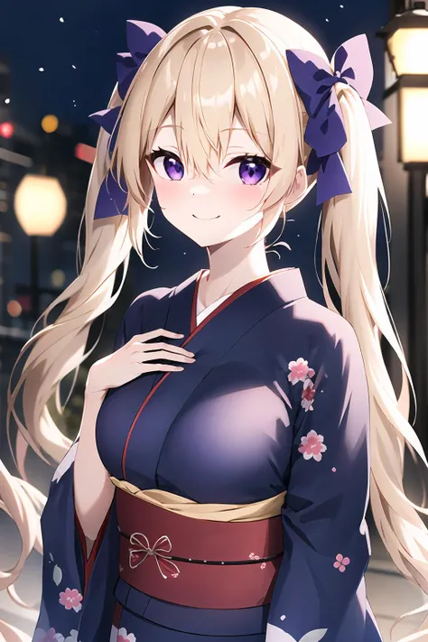 1girl, solo, blonde hair, twintails, low twintails, plaid bow, bangs,  purple eyes, blush, long hair, solo focus, hair between eyes, blue bow,  light blush, light smile, very long hair, breasts, yukata, japanese clothes, outdoors, upper body , hand on own chest,depth of field, facing viewer, <lora:ClamChan_V20:1>