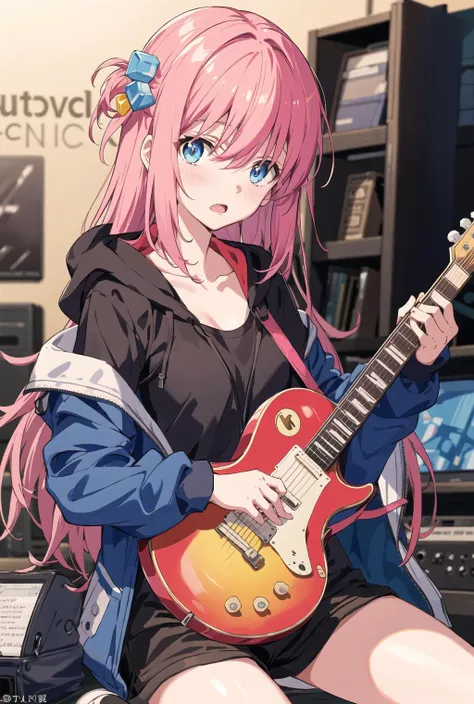 gotou hitori, cube hair ornament, blue eyes, instrument, guitar, pink hair, hair ornament, 1 girls, jacket, bangs, holding instrument, multiple girls, holding, hair between eyes, hood, one side up, electric guitar, shirt, open mouth, long sleeves, hood down, black shirt, blurry, :o, white jacket, collarbone, hoodie, solo focus, playing instrument, looking at viewer, short hair, gibson les paul, gotou