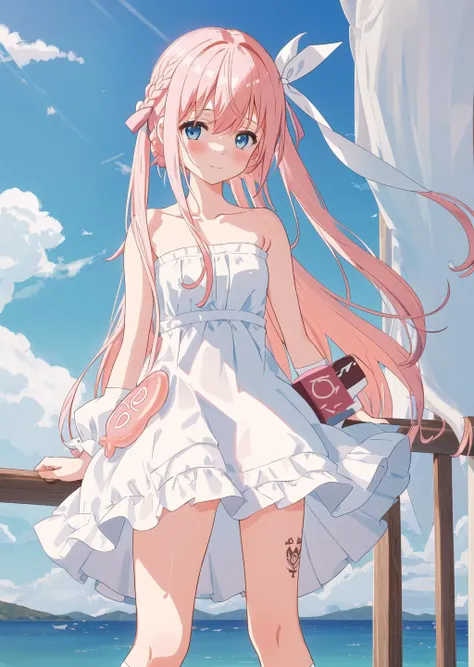 blush,nude,ball gag,facing viewer,{{{multiple insertions }}},{{{{{tentacle_sex}}}}},{{{{{pubic tattoo}}}}},tentacles_under_clothes , internal cumshot, 1girl, solo, pink hair, outdoors, blue eyes, dress, bare shoulders, sky, white dress, blush, bangs,ribbon, socks, braid,, collarbone, white ribbon, strapless, bare arms, hair ribbon, hair between eyes, kneehighs, white socks, strapless dress,