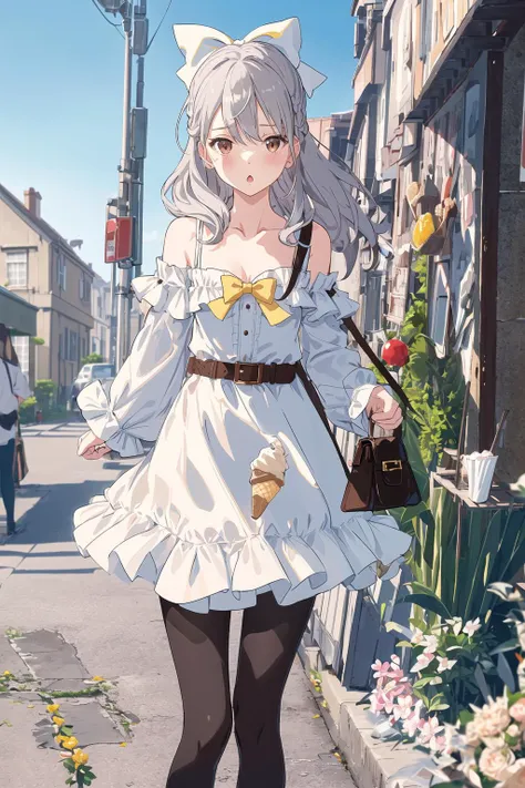 1girl, solo, white skirt, skirt, pantyhose, long hair, breasts, holding, off shoulder, shirt, food, outdoors, bag, long sleeves, bow, blurry background, ice cream cone, hair between eyes, black pantyhose, bangs, parted lips, day, ice cream, shoulder bag, blurry, bare shoulders, hair bow, off-shoulder shirt, collarbone, cleavage, blush, holding food, very long hair, medium breasts, brown eyes, looking at viewer, blue shirt, feet out of frame, depth of field, belt buckle, belt, yellow bow, cloud, grey hair, small breasts, sky, puffy sleeves, buckle, :o, standing, black bow, blue sky