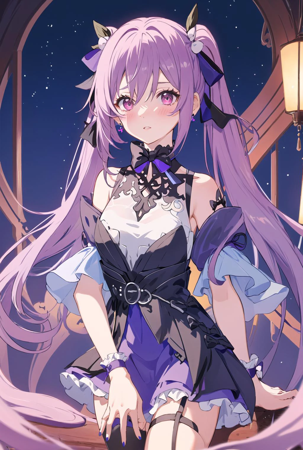 1girl, solo, dress, long hair, ribbon, heart, twintails, purple eyes, purple hair, black dress, bangs, hair ribbon, bow, blush, hair between eyes, very long hair, jewelry, x hair ornament, purple ribbon, garter straps, thighhighs, short sleeves, hair ornament, purple nails, frills, bare shoulders, earrings, choker, black ribbon, frilled dress, thigh strap, hair bow, black choker, puffy sleeves, purple bow, broken heart, nail polish, detached sleeves, parted lips, pink eyes, pink hair,milky way,starry sky,moonlight, <lora:keqingGenshinImpactLora_v10:1>