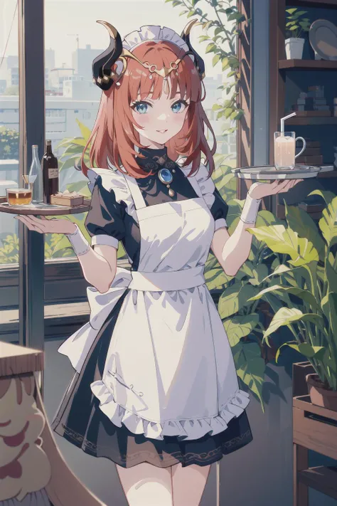 1girl, nilou (genshin impact), horns, solo, tray, red hair, holding, apron, looking at viewer, jewelry, maid, frills, plant, blue eyes, breasts, cowboy shot, short sleeves, dress, holding tray, bangs, black dress, alternate costume, smile, white apron, blush, long hair, potted plant, puffy sleeves, fake horns, parted lips, standing, enmaided, hands up, cup, medium breasts, frilled apron, parted bangs, neck ring, day, blue gemstone, frilled dress, puffy short sleeves, indoors, maid headdress, drink, bracer, maid apron, outdoors, building, <lora:nilouGenshinImpact_v10:1>