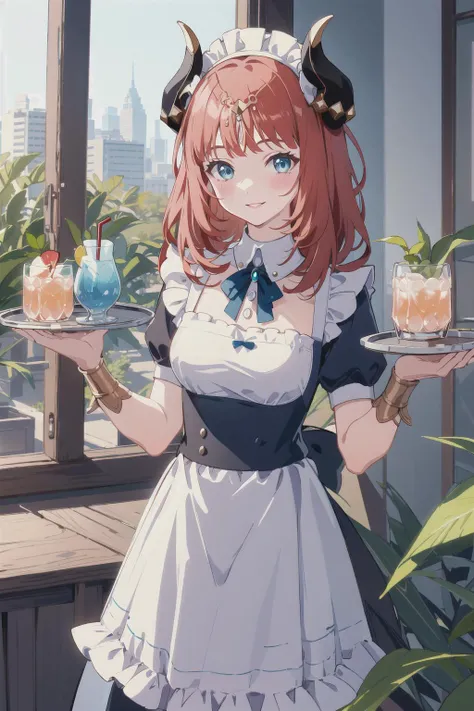 1girl, nilou (genshin impact), horns, solo, tray, red hair, holding, apron, looking at viewer, jewelry, maid, frills, plant, blue eyes, breasts, cowboy shot, short sleeves, dress, holding tray, bangs, black dress, alternate costume, smile, white apron, blush, long hair, potted plant, puffy sleeves, fake horns, parted lips, standing, enmaided, hands up, cup, medium breasts, frilled apron, parted bangs, neck ring, day, blue gemstone, frilled dress, puffy short sleeves, indoors, maid headdress, drink, bracer, maid apron, outdoors, building, <lora:nilouGenshinImpact_v10:1>