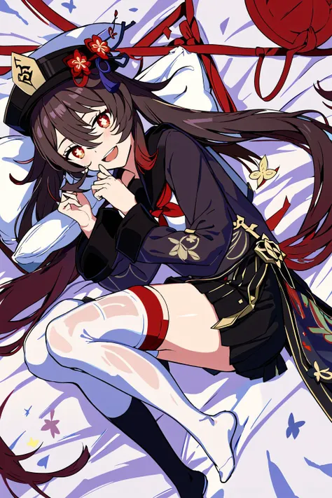 1girl, hu tao (genshin impact), skirt, solo, thighhighs, twintails, brown hair, pleated skirt, long hair, long sleeves, flower, looking at viewer, sailor collar, hat, school uniform, pillow, on side, smile, hair flower, neckerchief, open mouth, shirt, serafuku,symbol-shaped pupils, white shirt, hair ornament, red neckerchief, thighs, flower-shaped pupils, black thighhighs, black headwear, red eyes, bed sheet, :d, alternate costume, bangs, black sailor collar, miniskirt, blush, black skirt, hair between eyes, sidelocks, legs, very long hair,
<lora:hutaoV1_hutaoV1:1>