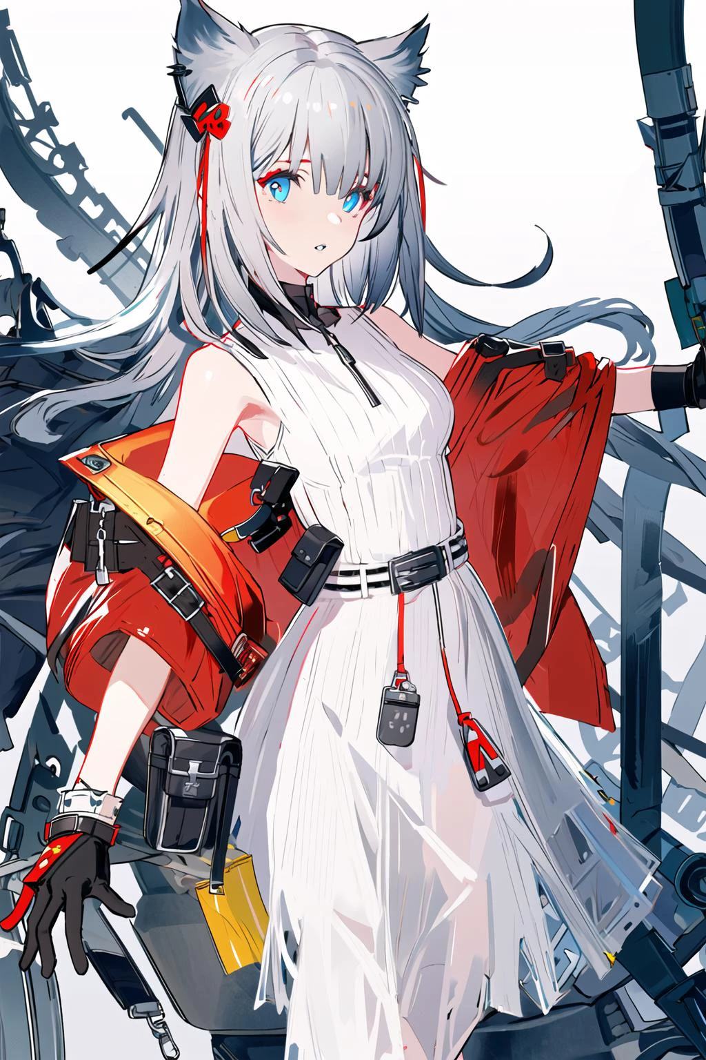 1girl, solo, blue eyes, gloves, dress, long hair, white dress, open jacket, jacket, black gloves, open clothes, parted lips, sleeveless, grey hair, bare shoulders, off shoulder, sleeveless dress, pouch, breasts, cowboy shot, bangs, outstretched arm, white jacket, belt pouch, animal ears, holding, belt,
<lora:NicoV3:1>