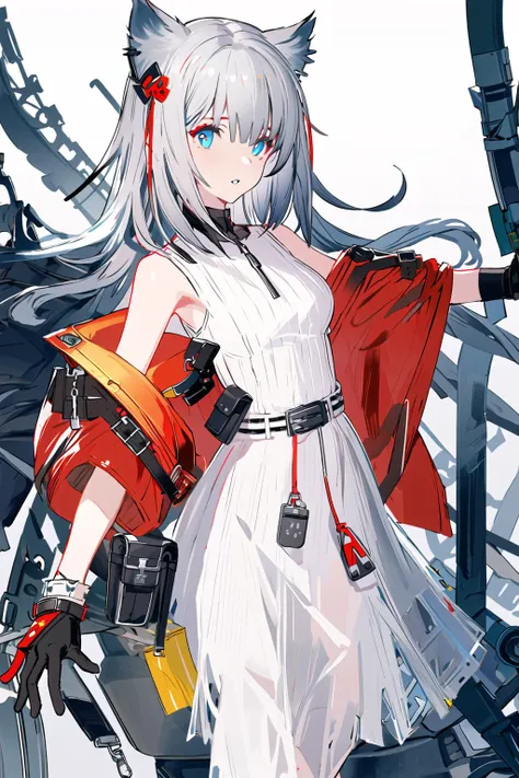 1girl, solo, blue eyes, gloves, dress, long hair, white dress, open jacket, jacket, black gloves, open clothes, parted lips, sleeveless, grey hair, bare shoulders, off shoulder, sleeveless dress, pouch, breasts, cowboy shot, bangs, outstretched arm, white jacket, belt pouch, animal ears, holding, belt, 
 <lora:NicoV3:1>