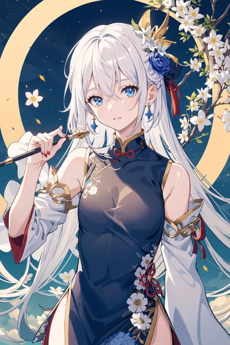 1girl, solo, hair ornament, hair flower, flower, blue eyes, holding, looking at viewer, jewelry, earrings, white hair, theresa apocalypse, bangs, long hair, bare shoulders, dress, chinese clothes, white flower, sky, parted lips, hair between eyes, night sky, breasts, sleeveless, upper body, night, hair bow, bow, small breasts, sleeveless dress, china dress, detached sleeves, black dress, wand, star (sky), holding wand, star (symbol), long sleeves, lantern