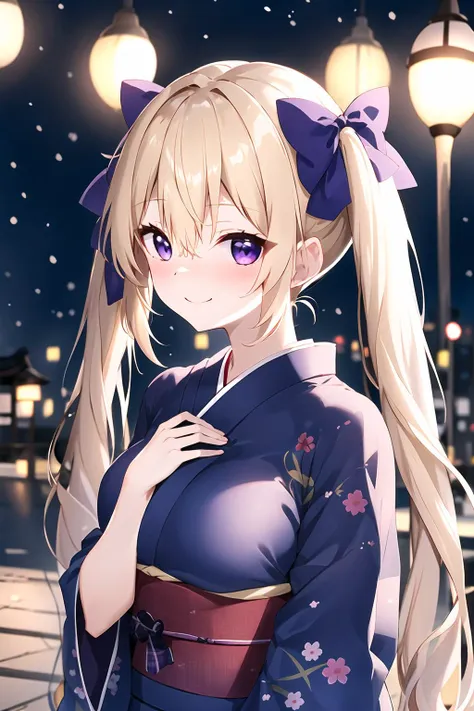 1girl, solo, blonde hair, twintails, low twintails, plaid bow, bangs,  purple eyes, blush, long hair, solo focus, hair between eyes, blue bow,  light blush, light smile, very long hair, breasts, yukata, japanese clothes, outdoors, upper body , hand on own chest,depth of field, facing viewer, <lora:ClamChan_V20:1>