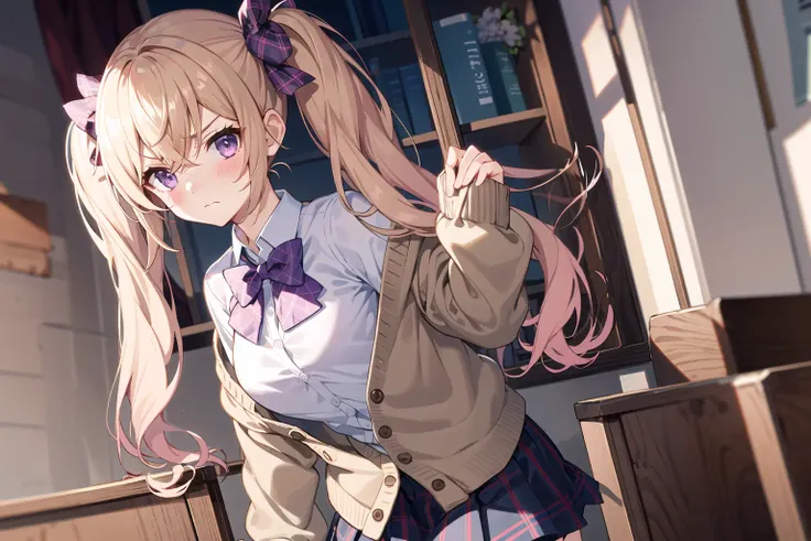 ((1 girl)), shirt,(((bow))), purple eyes, plaid, pantyhose,(looking at viewer),  blush, long hair, twintails, plaid skirt, bow, solo focus, brown hairs, collared shirt, white shirt, school uniform, bangs, hair between eyes, cardigan, pleated skirt, blue bow, long sleeves, closed mouth, angry, low twintails, indoors, brown cardigan, fang, very long hair, plaid bow, grey skirt, bowtie, curtains, cheek pinching, breasts, sleeves past wrists, blonde hair