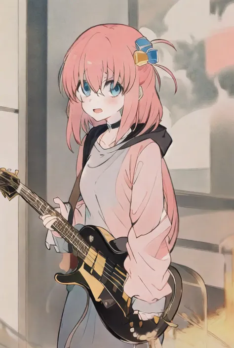 gotou hitori, cube hair ornament, blue eyes, instrument, guitar, pink hair, hair ornament, 1 girls, jacket, bangs, holding instrument, multiple girls, holding, hair between eyes, hood, one side up, electric guitar, shirt, open mouth, long sleeves, hood down, black shirt, blurry, :o, white jacket, collarbone, hoodie, solo focus, playing instrument, looking at viewer, short hair, gibson les paul, gotou, <lora:hitoriGotohBocchiThe_v1:1>, <lora:Xiaorenshu_v20:1>