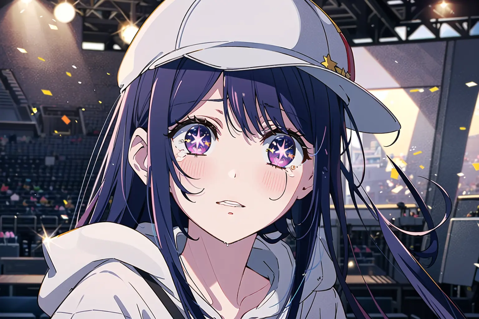 ((1girl)),(((blue baseball cap))), ((solo)), purple hair, long hair, multicolored hair,purple eyes, grey, (((white hoodie))), +_+, (((upper body))), long sleeves, bangs, smile,(((parted lips))), hood down, (badge on hat), symbol-shaped pupils, looking at viewer,details eyes,(((indoors,stage))),(((Directly facing the audience))),absurdres, ((wide shot)),((((the girl shushing in front of the mouth)))), starpupil, close-up, eye focus, <lyco:loconOfHoshinoAiOshi_v10:0.6>, tears, crying, sad, closed mouth, <lora:hoshinoAiOshiNoKo_v10:0.2>