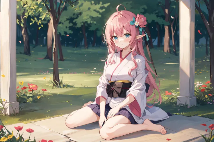 1 girl, solo, yukata, long hair ,elf, short pink hair, aqua eyes, facing viewer,  blush , 
  shy,  ahoge, messy_hair, skirt_lift,
medium_breasts, ,   latex,  love, wariza, sitting on floor, barefoot,  ,flower field, grasslands,  depth of field, high quality,