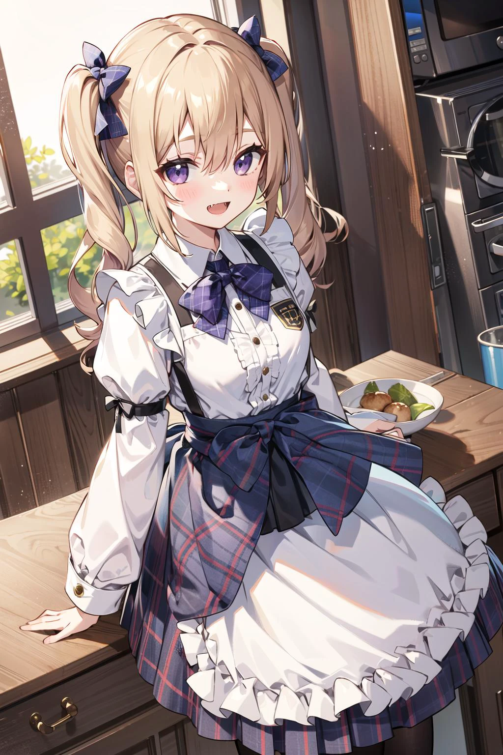 1girl, purple eyes, pantyhose, blush, long hair, twintails, plaid skirt, bow, solo focus, brown hair, bangs, hair between eyes, blue bow, open mouth, smile, indoors, fang, kitchen hood,very long hair, plaid bow, breasts, sleeves past wrists, blonde hair, housewife, apron, waist apron, fangs, maid, short pleated skirt