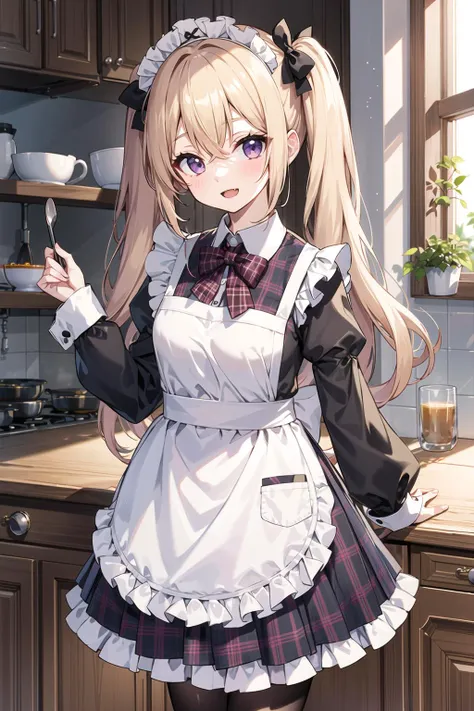 1girl, purple eyes, pantyhose, blush, long hair, twintails, plaid skirt, bow, solo focus, brown hair, bangs, hair between eyes, blue bow, open mouth,  smile, indoors,  fang, kitchen hood,very long hair, plaid bow, breasts, sleeves past wrists, blonde hair, housewife, apron, waist apron, fangs, maid, short pleated skirt