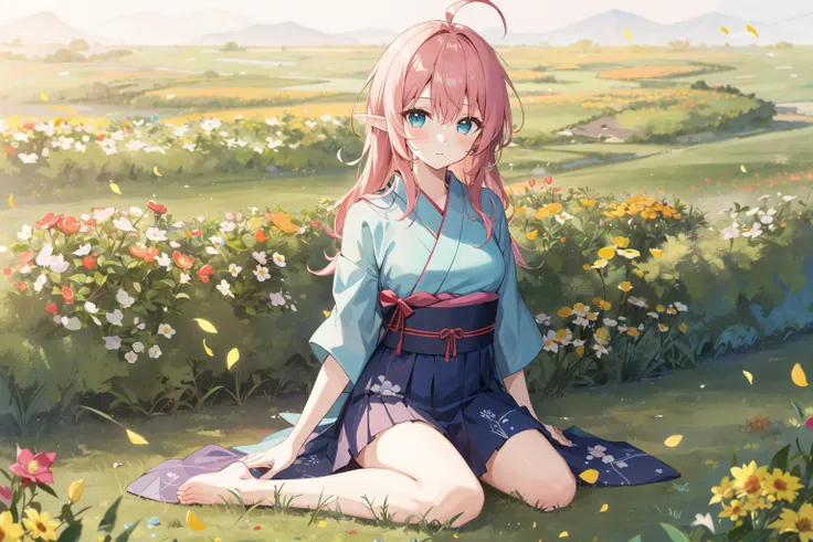 1 girl, solo, yukata, long hair ,elf, short pink hair, aqua eyes, facing viewer,  blush , 
  shy,  ahoge, messy_hair, skirt_lift,
medium_breasts, ,   latex,  love, wariza, sitting on floor, barefoot,  ,flower field, grasslands,  depth of field, high quality,