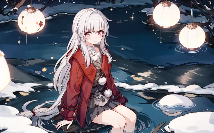 1girl, solo, long hair, skirt, bangs, shirt, long sleeves, hair between eyes, white hair,very long hair, hair ornament, neckerchief, pleated skirt, looking at viewer, water,star (sky), closed mouth, blush, starry sky, partially submerged, ripples, sitting, <lora:klara:0.8>, robot