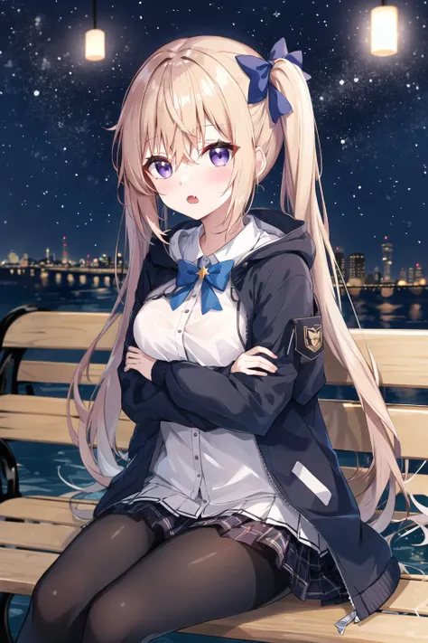 1girl, purple eyes, blush, long hair, twintails, solo focus, brown hair, bow, bangs, hair between eyes, blue bow, nose blush, light blush, :o, fang, very long hair, breasts, blonde hair, fangs, outdoor, night, street, starry sky, bench, sitting
, hooded jacket, casual,dark night ,night sky, arm hug, open jacket, pleated skirt,