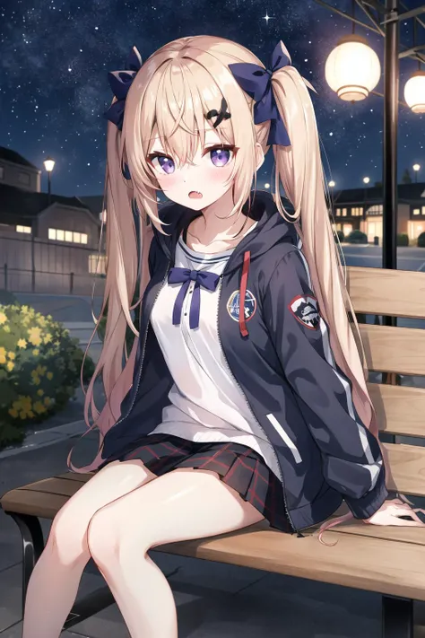 1girl, purple eyes, blush, long hair, twintails,  solo focus, brown hair, bow, bangs, hair between eyes, blue bow, nose blush,  light blush, :o, fang,  very long hair,  breasts,  blonde hair,  fangs,  outdoor, night, street, starry sky, bench, sitting
, hooded jacket, casual,dark night ,night sky, arm hug, open jacket, pleated skirt,