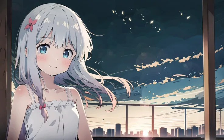 1girl,solo focus,   full body,  looking at viewer, facing viewer,  <lora:Eromanga_izumi sagiri:0.72>, sleeveless dress, casual, white dress,floral background,  outdoors,  upper body, white hair, blue eyes, flower field,  light blush, light smile, happy tears, lace trim,  <lora:JW-000005:1>,