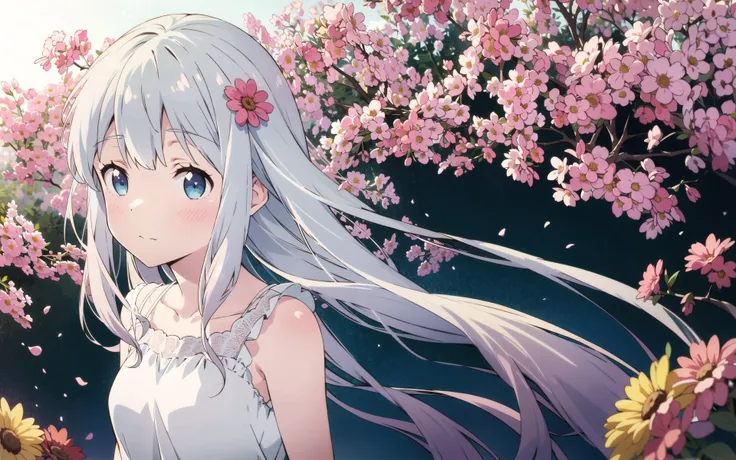 1girl,solo focus,   full body,  looking at viewer, facing viewer,  <lora:Eromanga_izumi sagiri:0.7>, sleeveless dress, casual, white dress,floral background,  outdoors,  upper body, white hair, blue eyes, flower field,  light blush, tsundere,  (-3-)