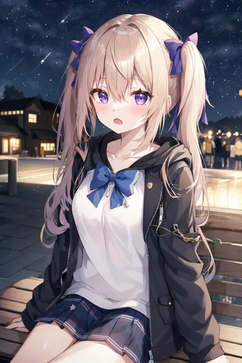 1girl, purple eyes, blush, long hair, twintails,  solo focus, brown hair, bow, bangs, hair between eyes, blue bow, nose blush,  light blush, :o, fang,  very long hair,  breasts,  blonde hair,  fangs,  outdoor, night, street, starry sky, bench, sitting
, hooded jacket, casual,dark night ,night sky, arm hug, open jacket, pleated skirt,